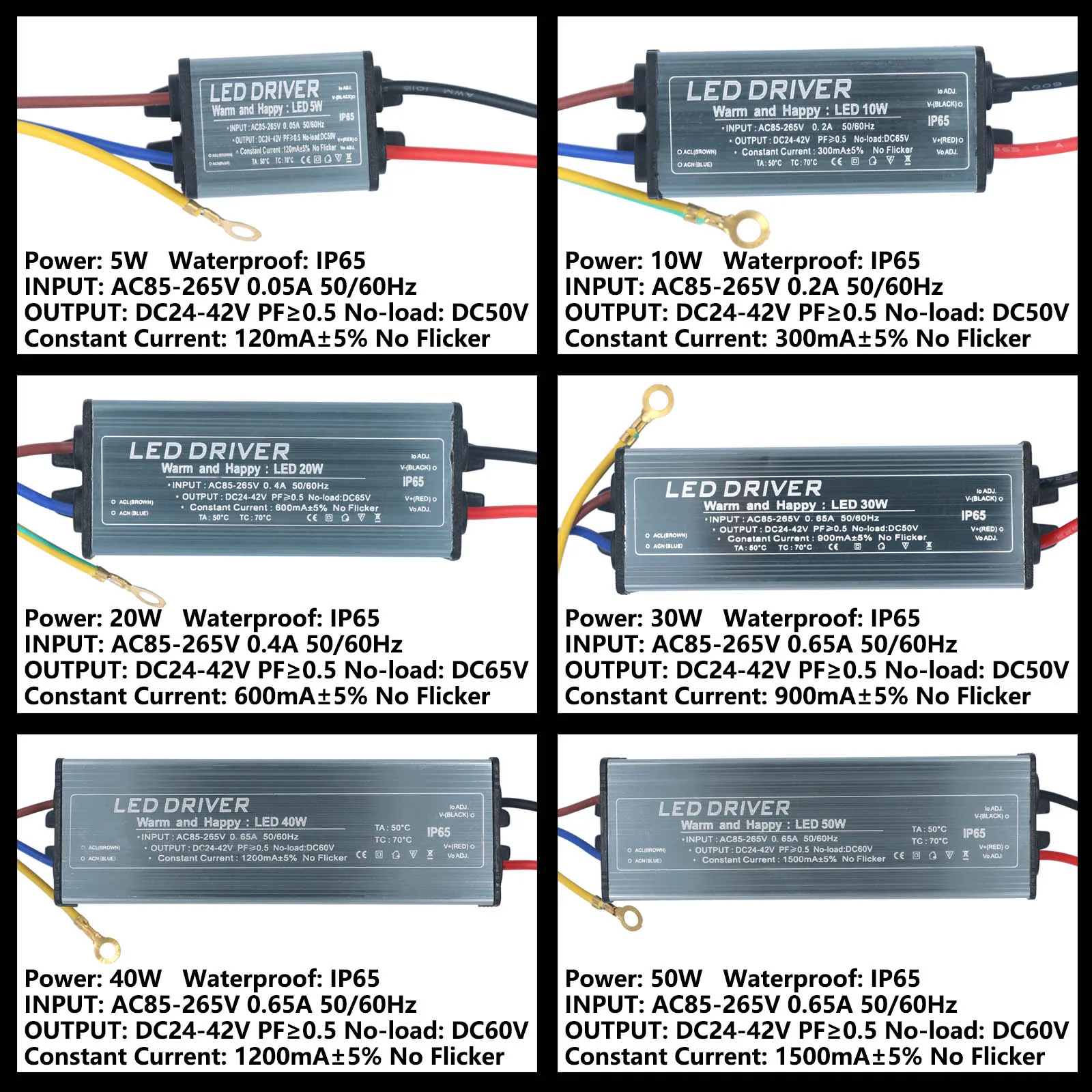 5W 10W 20W 30W 40W 50W No Flicker Waterproof LED Driver Constant Voltage DC24-42V Power Supply AC85-265V Lighting Transformers