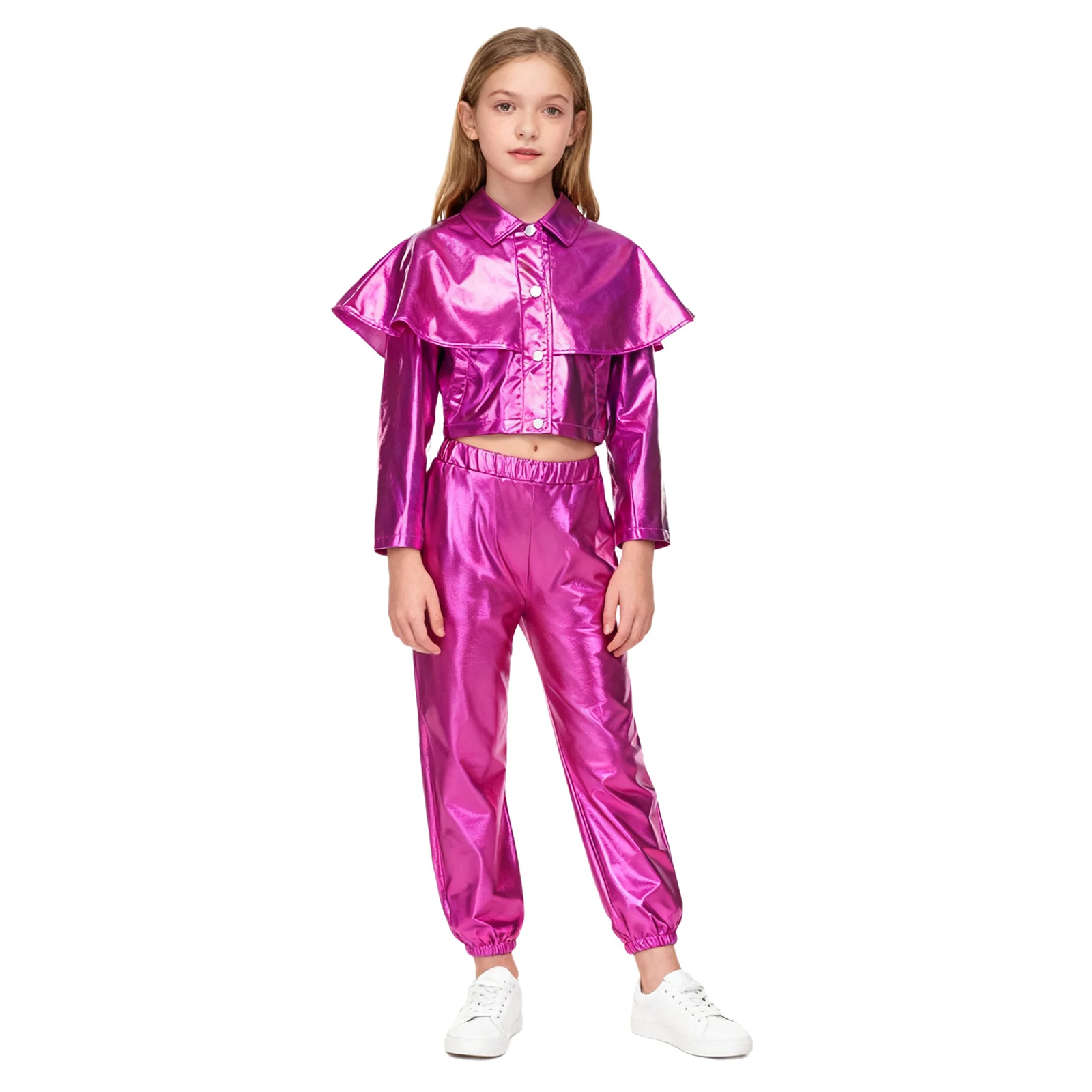 Kids Girls Hip-hop Jazz Tango Dance Stage Performance Outfit Long Sleeve Ruffle Metallic Jacket with Shiny Pants for Party Club