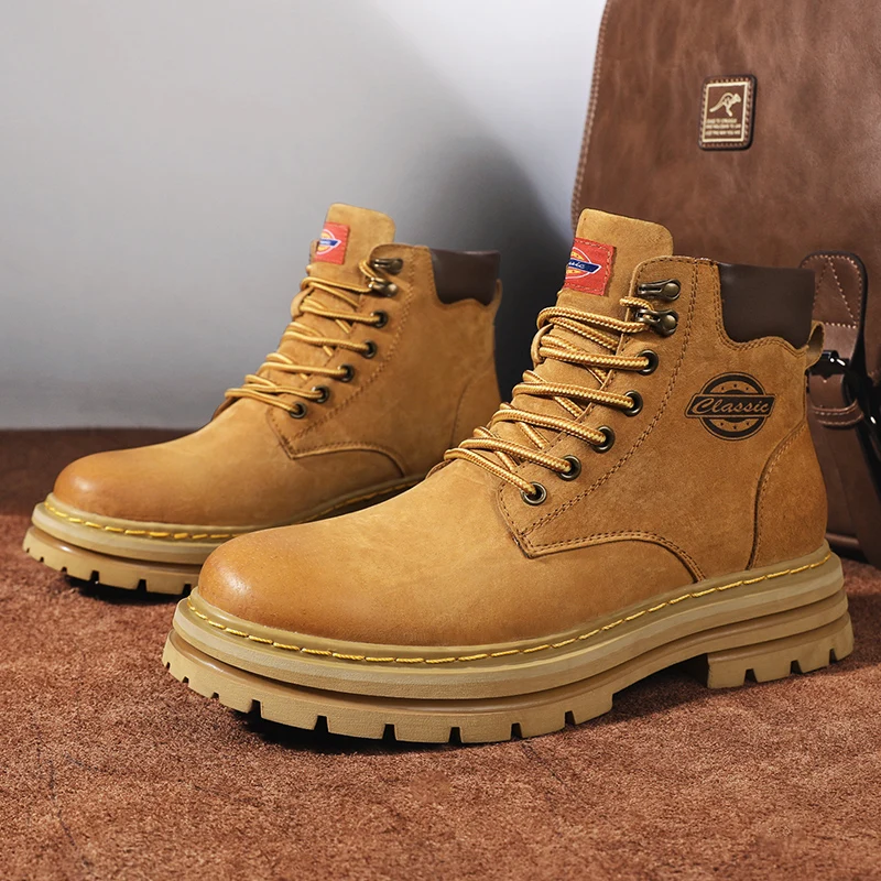 

2025 New Men's Big Yellow Boots Durable Anti - Skid Sole High - Top Chunky Sole Winter Fleece Lined British Work Boots Motorcycl