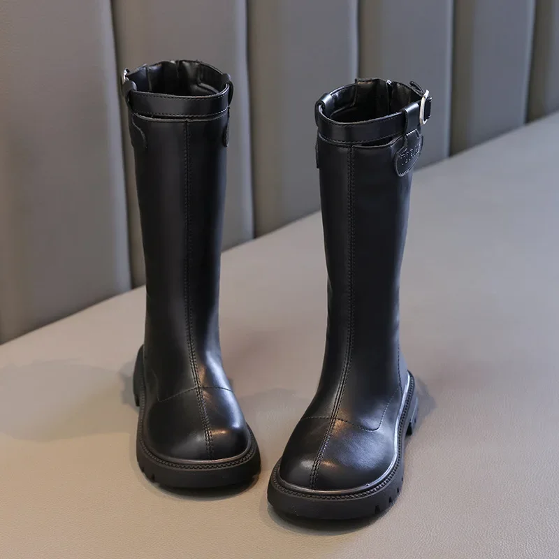 Nova menina botas de inverno fundo grosso crianças botas de algodão cor sólida preto crianças causal botas longas passarela versátil dedo do pé redondo