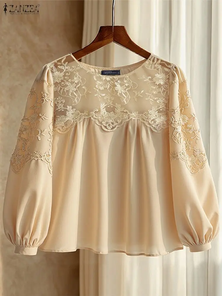 Koszule Jesienne ZANZEA Elegancka Bluzka Koronkowa Damska Patchworkowa Casualowa Moda 2025 Tunika z Falbankami Długi Rękaw Vintage Bluzki Damskie