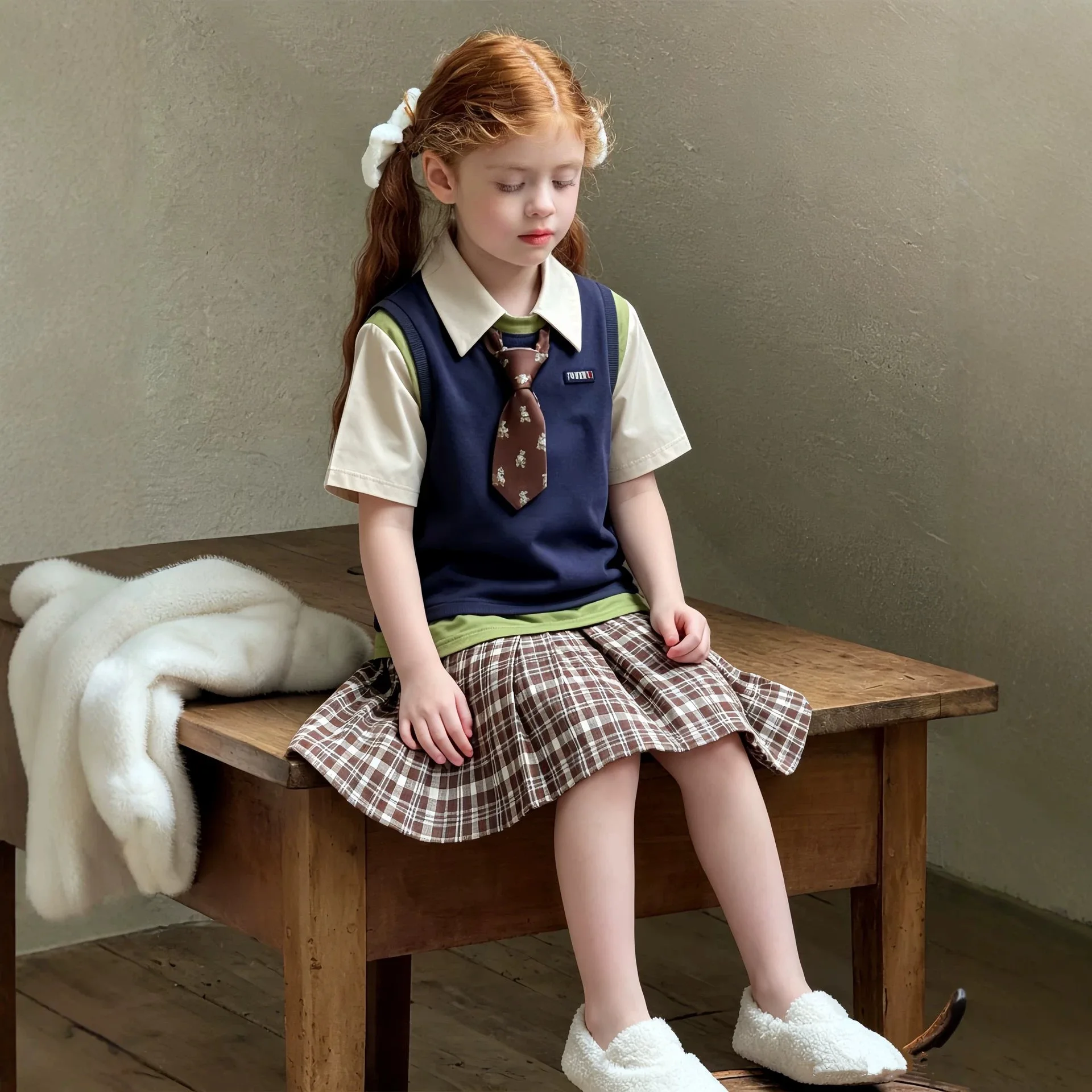 

Children College Style Set Summer New Girls Contrast Knitted Vest Shirt Pleated Half Skirt Three Piece Set Trendy