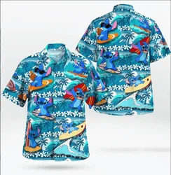 Miniso Stitch Hawaiian Shirts Vacation Shirts Men's Disney Hawaiian Shirts Casual Button Down Short Sleeve Shirt Vintage T-Shirt