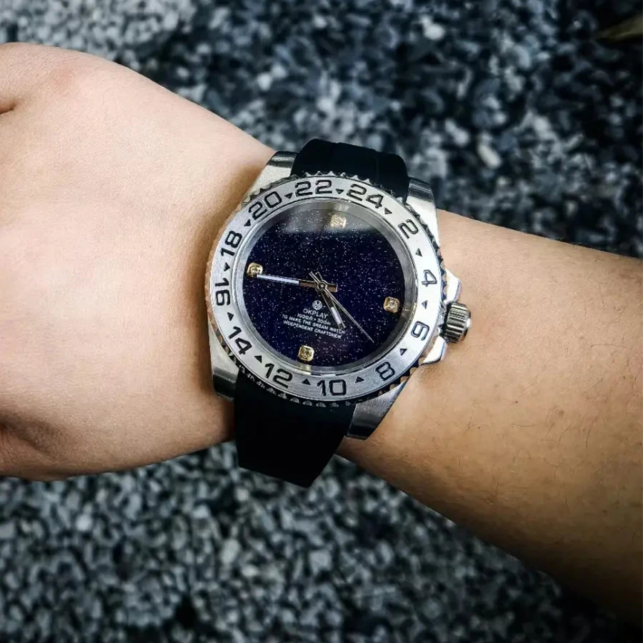 OKPLAY Men Automatic Watch 40mm Customized Modified Mechanical Wristwatch 10ATM Waterproof Luminous NH35 Fluororubber Strap