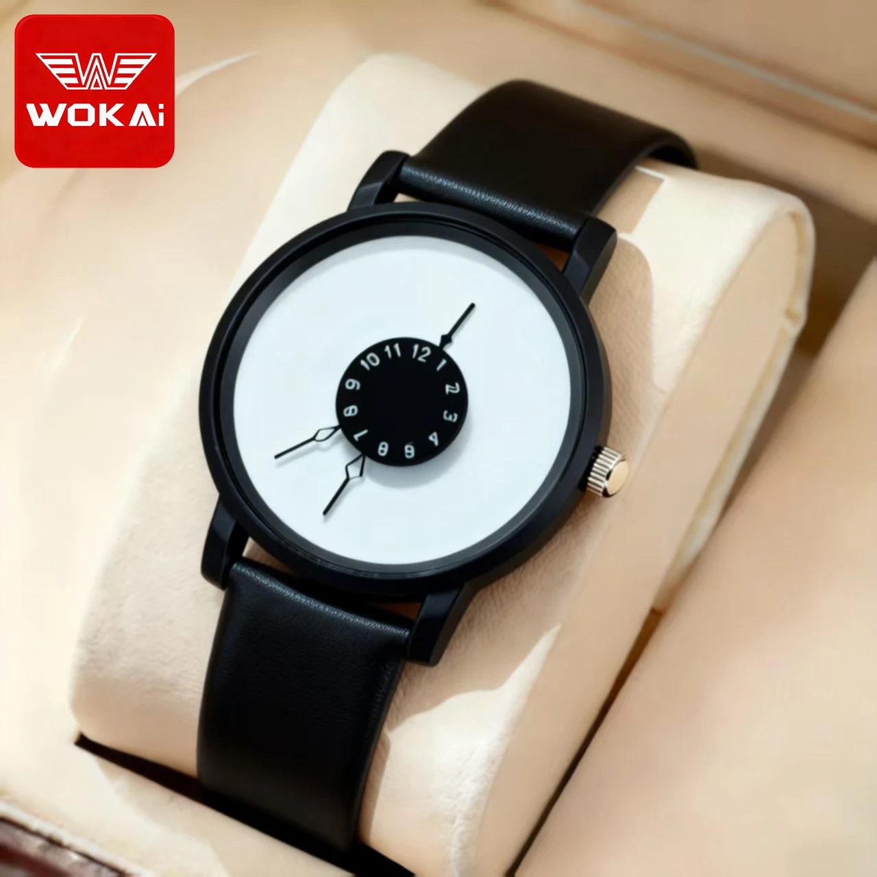 WOKAI orologio al quarzo da uomo con cinturino in pelle di alta qualità, alla moda e casual con lancette inverse, un orologio da donna personalizzato