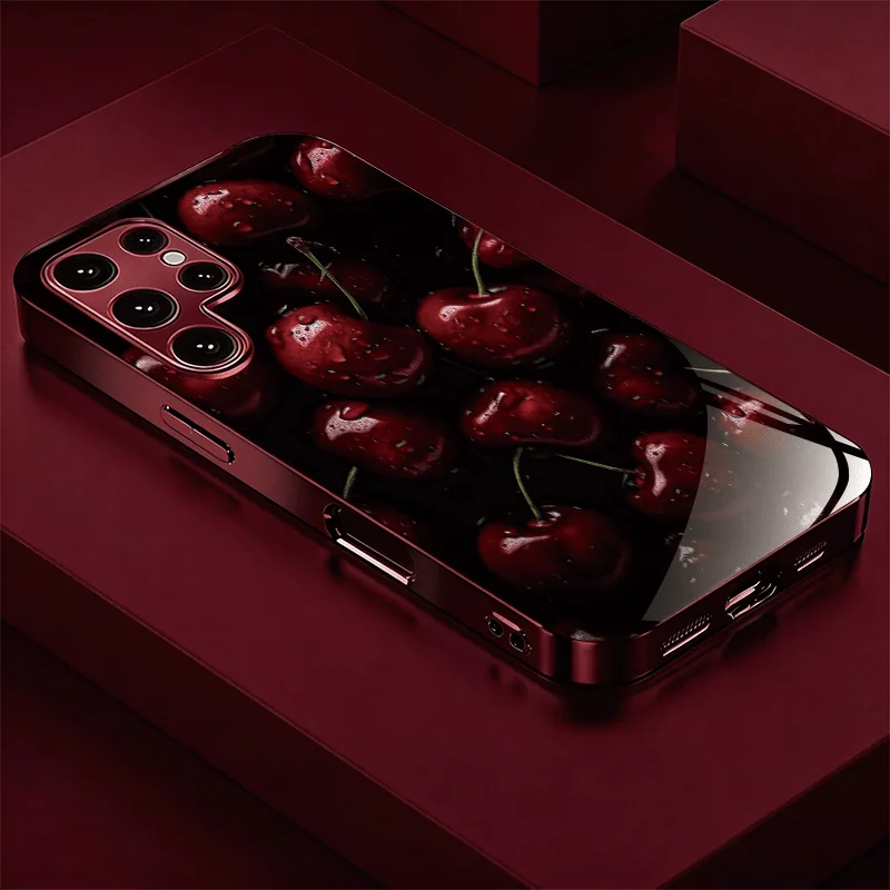 Red cherry patterned glass phone case suitable for Samsung Galaxy S26 S25 S24 S23 S22 S20 FE/Ultra/Plus anti drop back cover