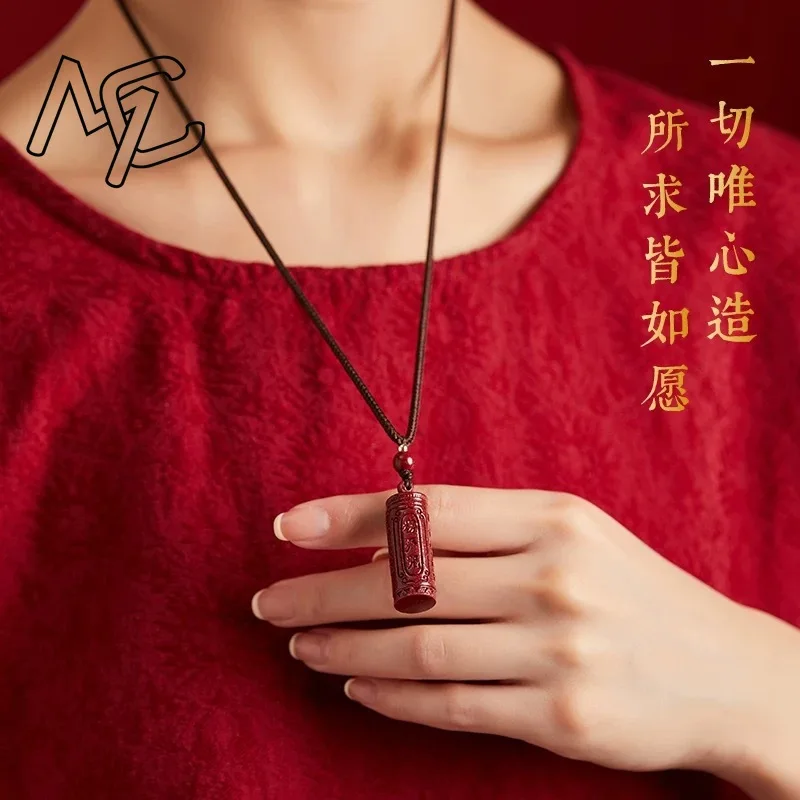 Red Cinnabar Jade Six-Syllable Mantra Pendant Necklace Jewellery Chinese Healing Fashion Amulet Gifts Men Women Sweater Chain