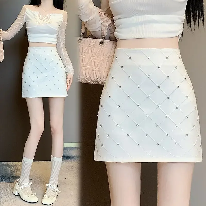 NICE Spring Summer New High Waist Slimming A- Line Skirt For Women Elegant Bead Design Short Skirt Polyester Fiber Plain Color