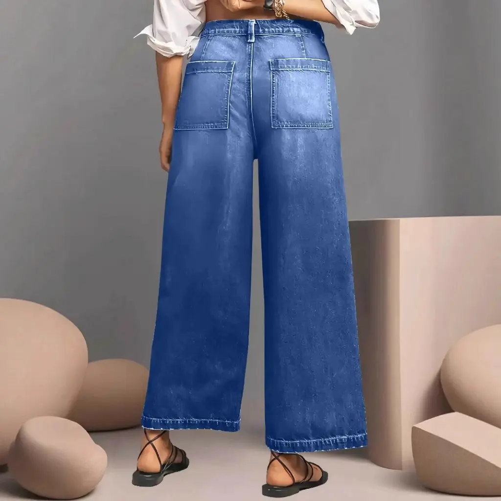 

Джинсы больших размеров с широкими штанинами, эластичная матовая ткань со средней талией, укороченная длина, диагональные карманы, потертые подол, европейско-американский стиль