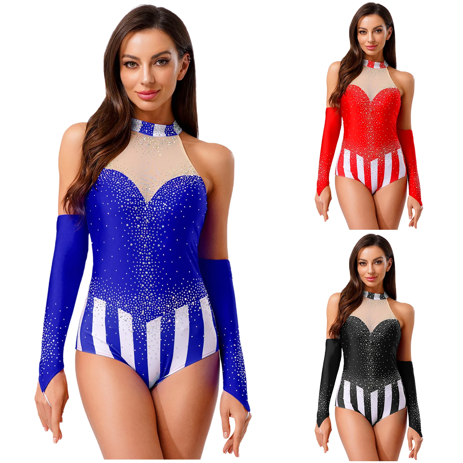Costume de maître de cirque pour femmes, body de fête Cosplay d'halloween avec ensembles de gants, justaucorps rayé en strass, déguisement de carnaval