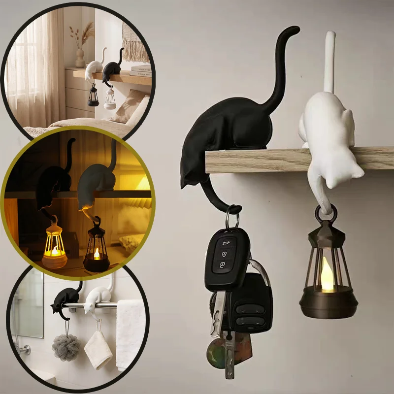 Image of 2-in-1 Katzenregal-Haken & Kreative Deko-Nachtlampe mit Laternenfigur Statue Heim Schlafzimmer Schreibtisch Ornament Deko-Nachtlicht 1 Stück