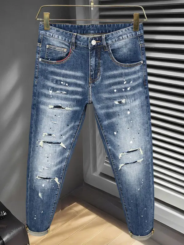 

Мужские джинсы Slim Fit на весну-осень с эластичными прорезями, модные повседневные джинсы из дышащей смеси хлопка и полиэстера, прямого кроя