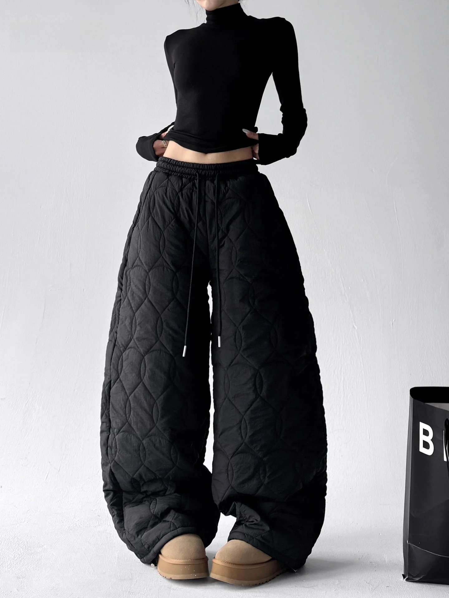 

Зимние утепленные хлопковые брюки женские, широкие прямые повседневные лыжные штаны с высокой талией из нейлоновой ткани с ромбовидным узором