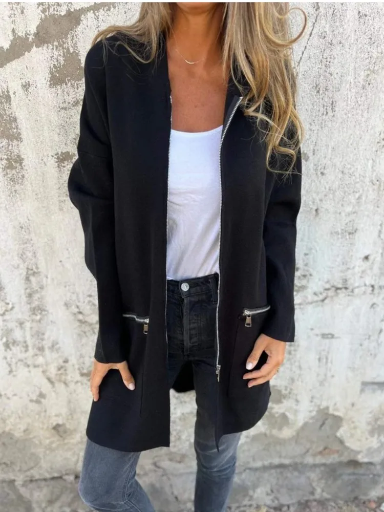 

Women's Casual Loose Hooded Jackets Long Sleeve Cardigan Zipper Long Coat With Pockets Autumn Winter Fashion Solid Ladies Jacket