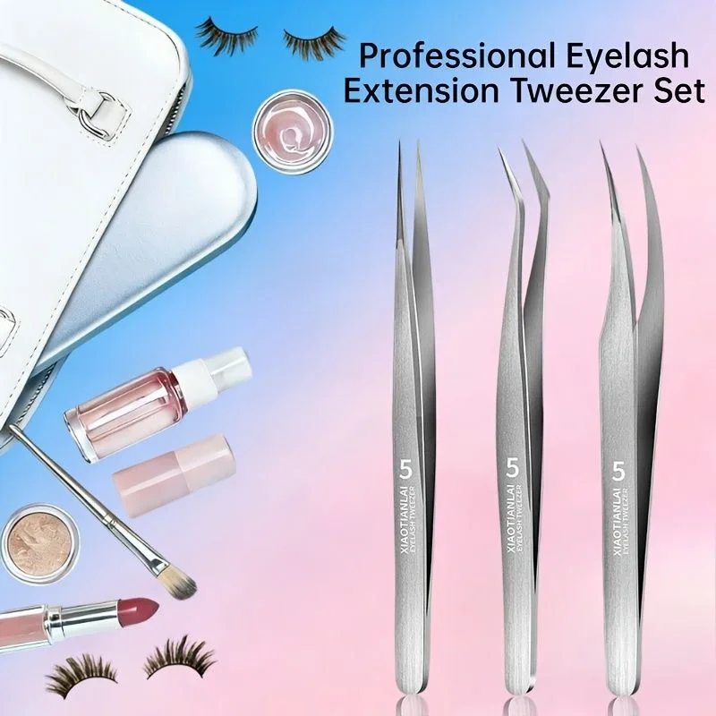 3PCS Stainless Steel Gradient Eyebrow Tweezer Set Slant Pointed Tips with Storage Box for Salon Eyelash Extension Men Women Gift