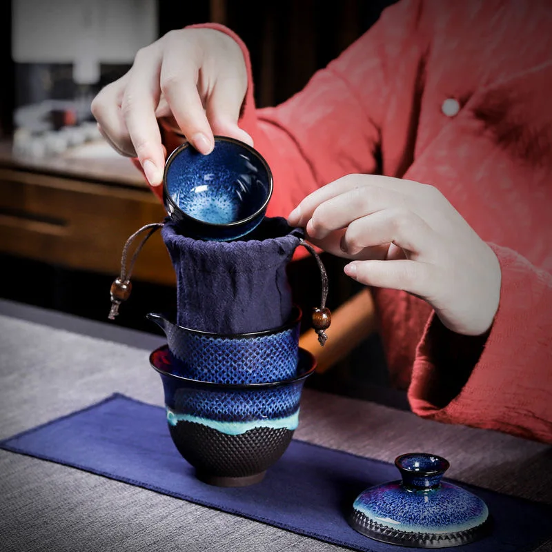 Ceramic Kung Fu Teaware Ceramic Outdoor Camping Adults Chinese One Tea Pot Three Cups Gift 1 Set Portable Teacup Set Travel Kit