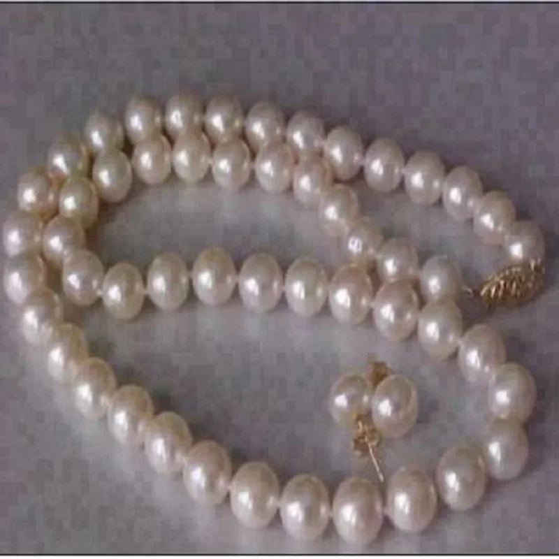 

“18" AAA 9-10 MM NATURAL Akoya White PEARL NECKLACE 14K GOLD CLASP + Earring”