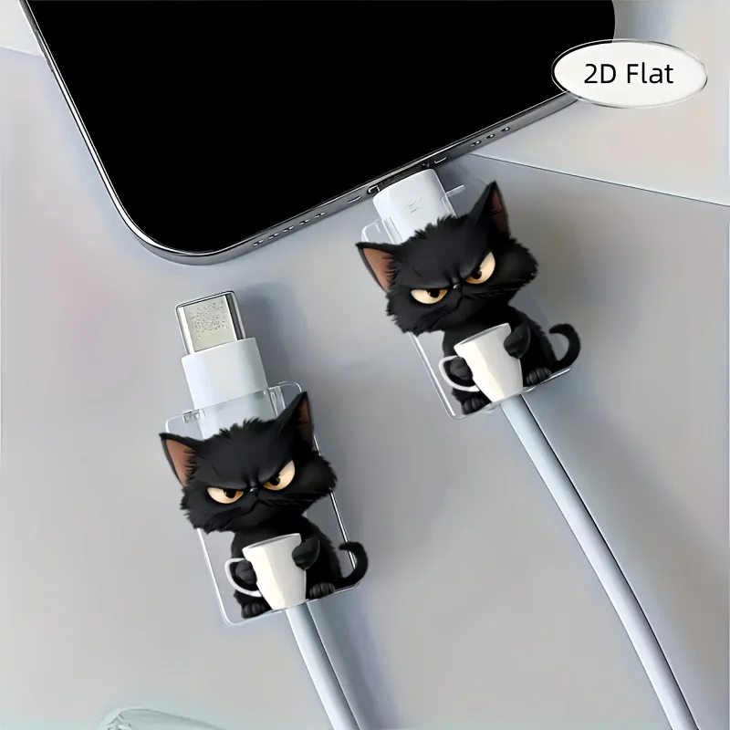 2Pcs 2D Cat Pattern Cable Protector, Anti-Scratch Plastic Cord Sleeve for Type-C Charger Cable, Cute & Durable Design