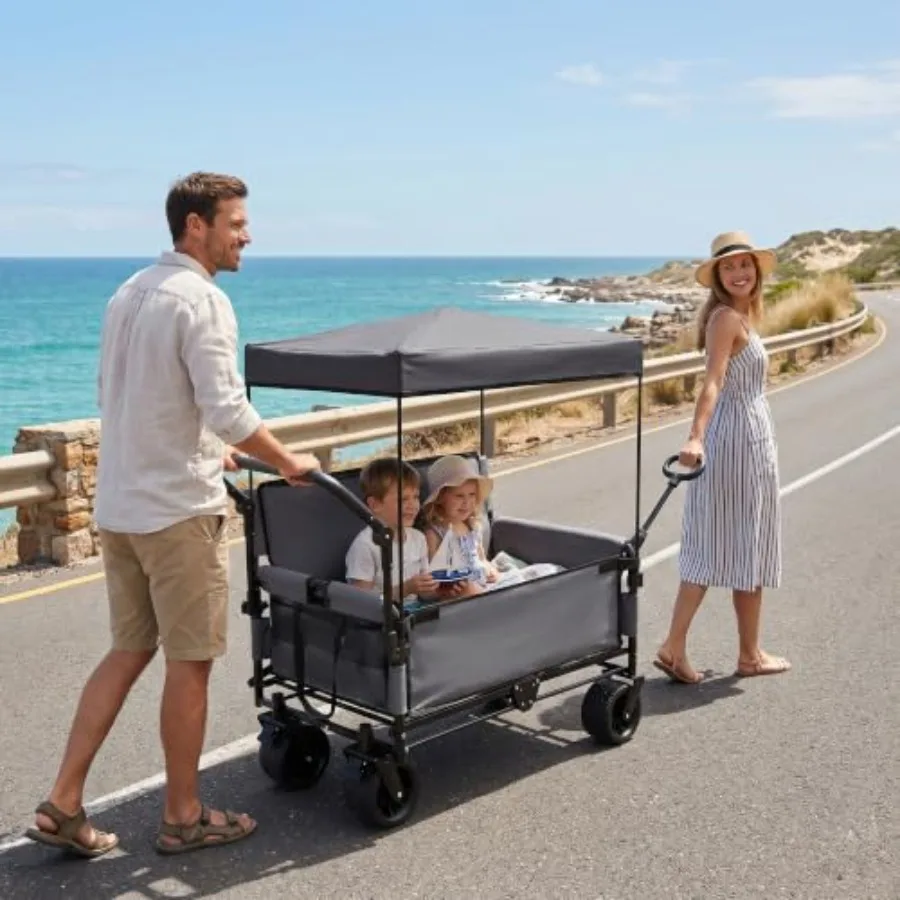Beach utility wagon cart seat: collapsible, heavy-duty steel frame, navy blue, UV-blocking canopy and all-terrain wheels