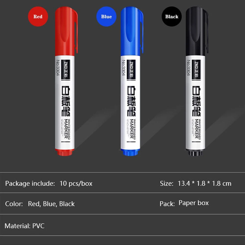 10 PCS Marker Erasable Whiteboard Marker Large Capacity Black Red Blue Oil Ink Soft Fiber Tip Office School Stationery Wholesale