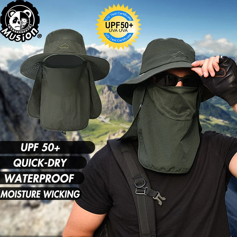 Musion Anti UV Bucket Hat Man Sun Protection Fishing Cap Fisherman Hat Detachable Breathable Face Mask Outdoor Hiking Cap
