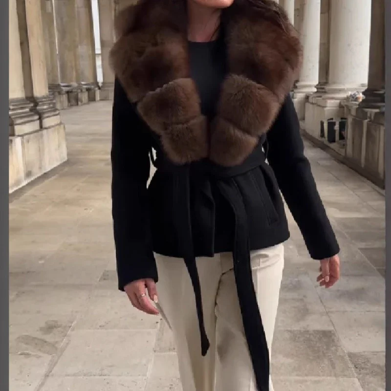 2025 Autumn and Winter New Arrival Temperament Socialite Fur Collar Waist-Strap Woolen Coat Jacket High-end
