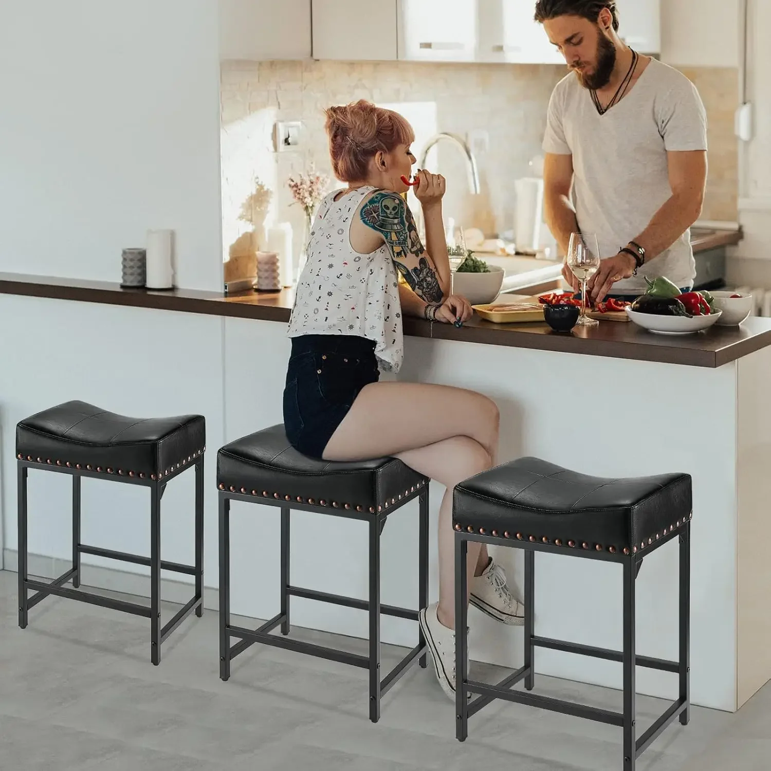 Bar Stools Set of 4, Counter Height Bar Stools with Soft Cushion Bar Stools and Barstools Steel Frame, 24