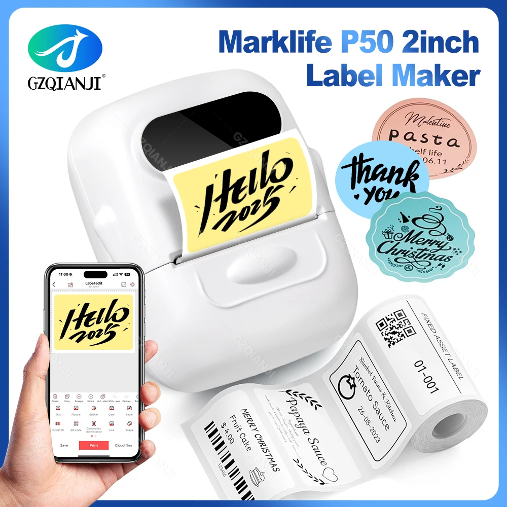 Marklife P50 Adhesive Label Printer Wireless Pocket Sticker Label Maker Portable Mobile Printer For Office Home DIY Tag Inkless