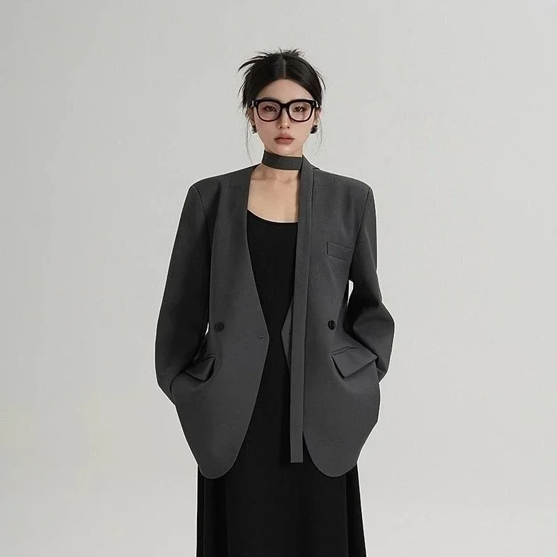 Petite Blazer pour femmes, couleur unie, ample, ample, col en V, ruban, Design coréen, petit costume de haute qualité, nouvelle collection printemps automne 2025
