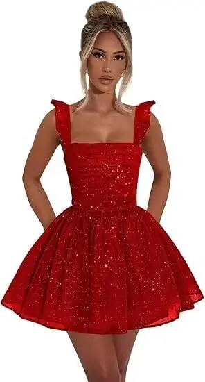 

Тюлевые платья для встречи выпускников 2026 с развевающимися бретелями и квадратным вырезом, короткое платье для выпускного вечера, блестящие коктейльные платья для подростков, выпускное платье