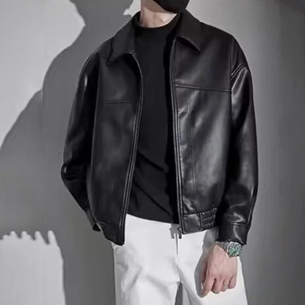 Herren Einfarbige PU-Leder Biker-Jacke mit Revers, Frühlings-Commuter-Streetwear, Mode für Nachtclubs, Bühne, Alltag, Kunstledermantel 2026