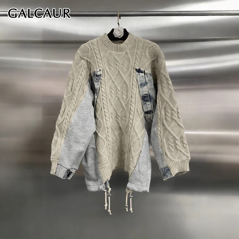 

GALCAUR Apricot Spliced Drawstring Sweater Female O Neck Long Sleeve Loose Casual Design Women's Sweaters Fashion Autumn Style