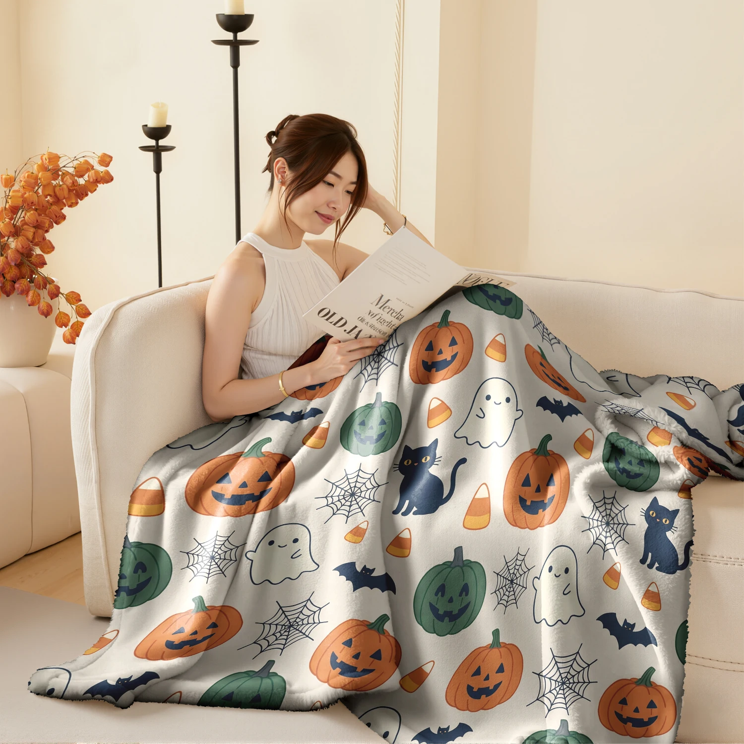 Soft Flannel Fleece Helloween Blanket Digital Print Super Warm Cozy Throw Blanket for Bed Couch Sofa Home Decor Gift,Style 03