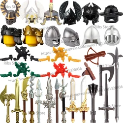 MOC-décennie s de construction d'armes médiévales, château, figurine de soldat, casque, chapeaux, lance, épée, hache, accessoires, briques, jouets pour enfants, cadeaux