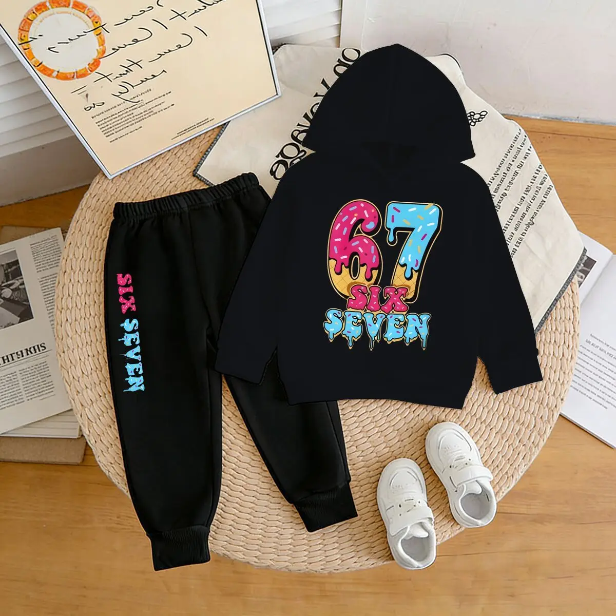 

Забавный спортивный костюм для детей с принтом «Мороженое» (футболка с капюшоном и брюки), повседневный, с номерами 6 и 7, в стиле мемов, с длинными рукавами