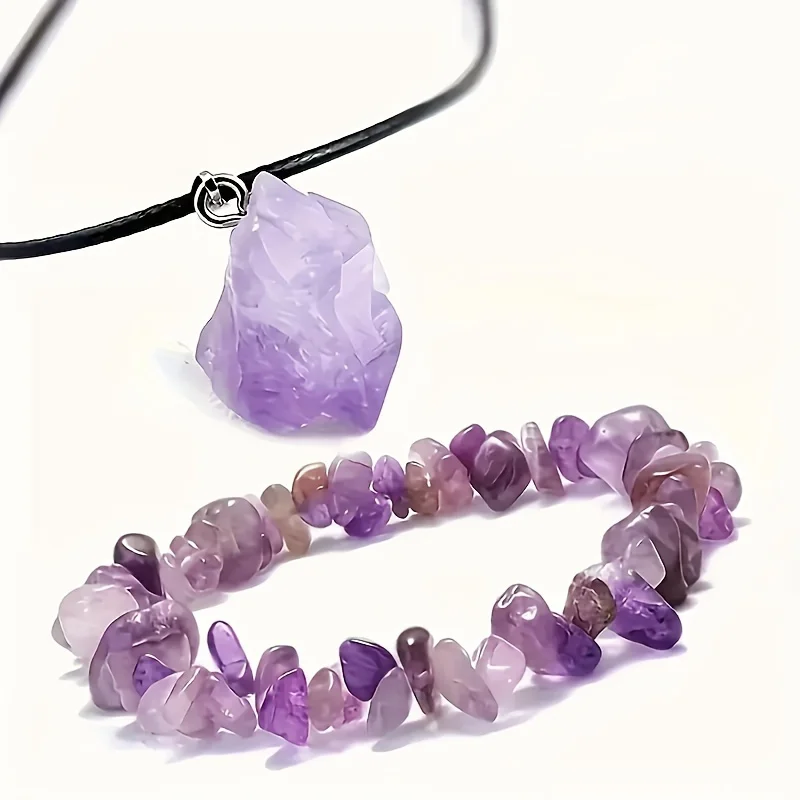 JD Natural Amethyst Chip Stone Bracelets Pendant Necklace Set or Men & Women Yoga Meditation Reiki Healing Jewelry Couple Gift