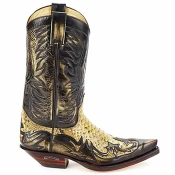 Pointed Toe Embroidered Mid-Calf Boots Snake Print Western Cowboy Men Botines Color-Blocked Slip-On Chelsea Cool Botas Femininas