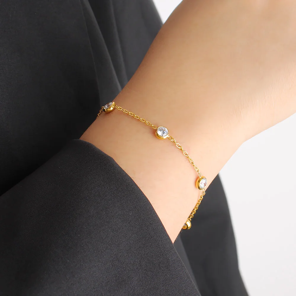 Minimalist Simple Cubic Zirconia Inlaid Chain Jewelry Set Women Couple Chic Stainless Steel Bracelet Necklace Daily Wear