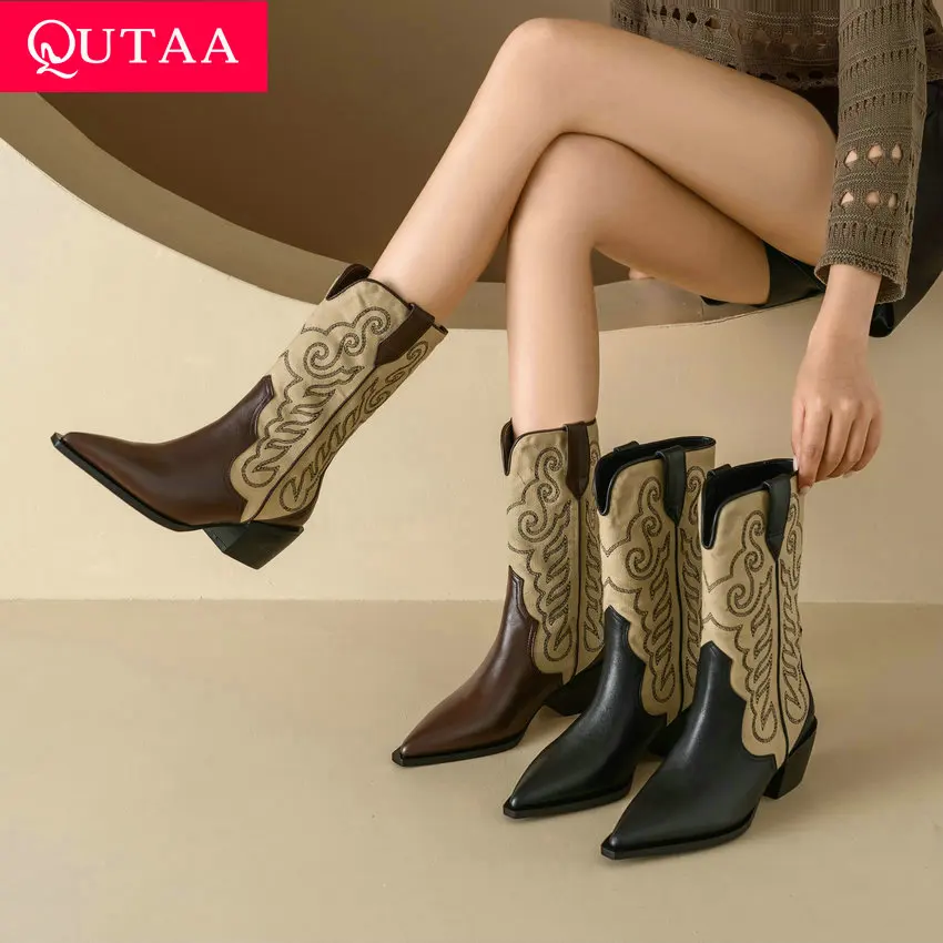 

QUTAA 2024 Embroidery Women Mid-Calf Boots Med Heel Winter Genuine Leather Western Boots Square Toe Shoes Woman Size 34-39