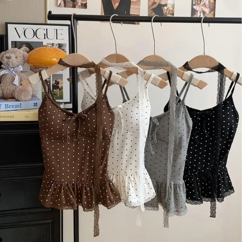 New··Women Clothing Summer Fashion Casual Polka Dot Solid Color Sling Ladies Fashionable Appear Thin Slim Young Style Tops