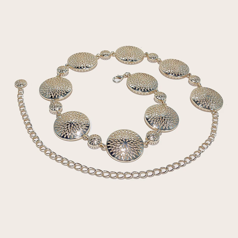 حزام خصر معدني للسيدات على الطراز القديم إكسسوارات فاخرة راقية أنيقة مزخرفة بسلسلة جينز على شكل دائرة مجوفة