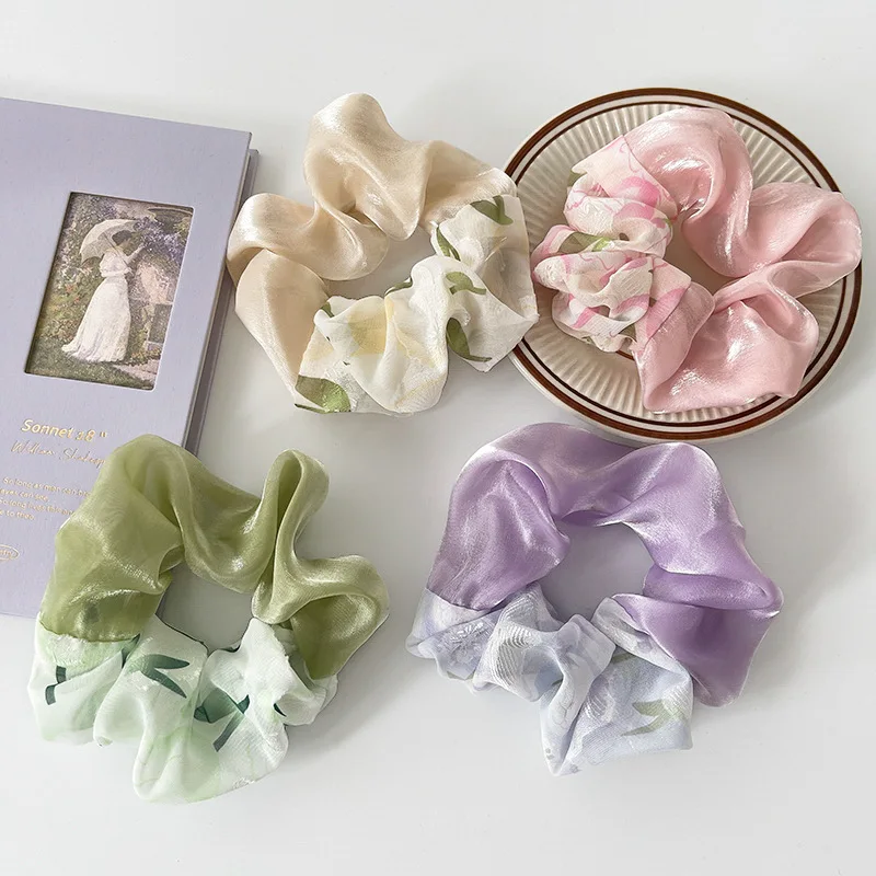 Women Cute Chouchou Lady Tulip Floral Scrunchies Girl's Elastic Hair Rubber Bands Ponytail Holder Accessories Silk Scrunches