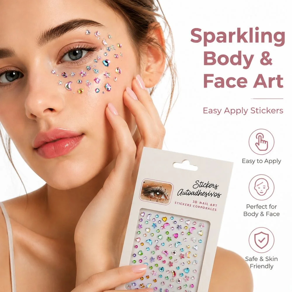 1Pc Shiny AB Crystal Face Rhinestone Sticker Self‑Adhesive Moon Star Heart Gem Decal For Stage Show Festival Makeup Accessory