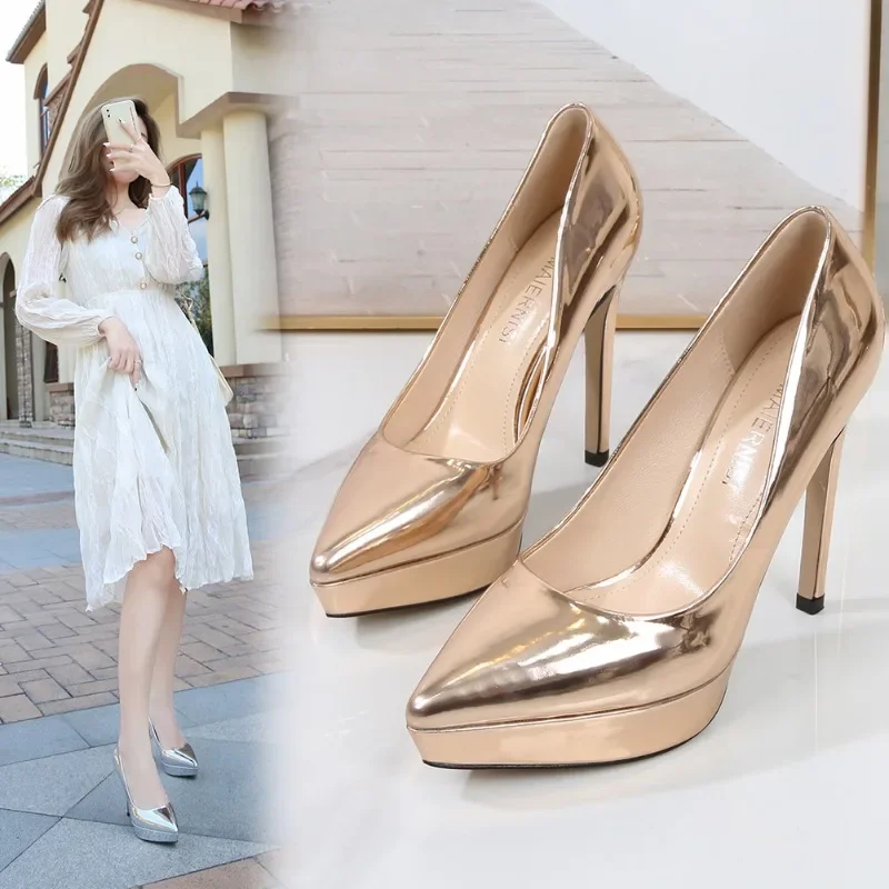 Women 12cm High Heels 2.5cm Platform Fetish Gold Pumps Lady Wedding Bridal Plus Size Bling Heels Nightclub Silver Party Shoes