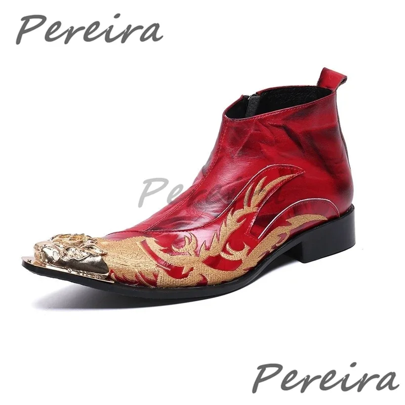

Golden Embroidered Men's Ankle Boots Trendy Genuine Leather Pointed Toe Chelsea Boots Spring Autumn Party Wedding Dress Shoes