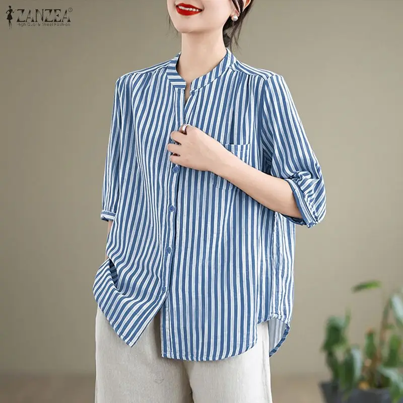 

Fashion Striped Shirt ZANZEA 2026 Spring Office Work Shirt Women Stand Neck 3/4 Sleeve Blouse Casual Buttons Down Tops Oversize