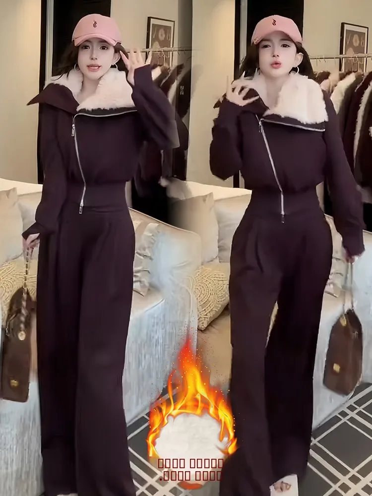 

Корейский повседневный комплект для женщин: пальто и брюки с широкими штанинами, зимний спортивный костюм с высокой талией, длинные брюки