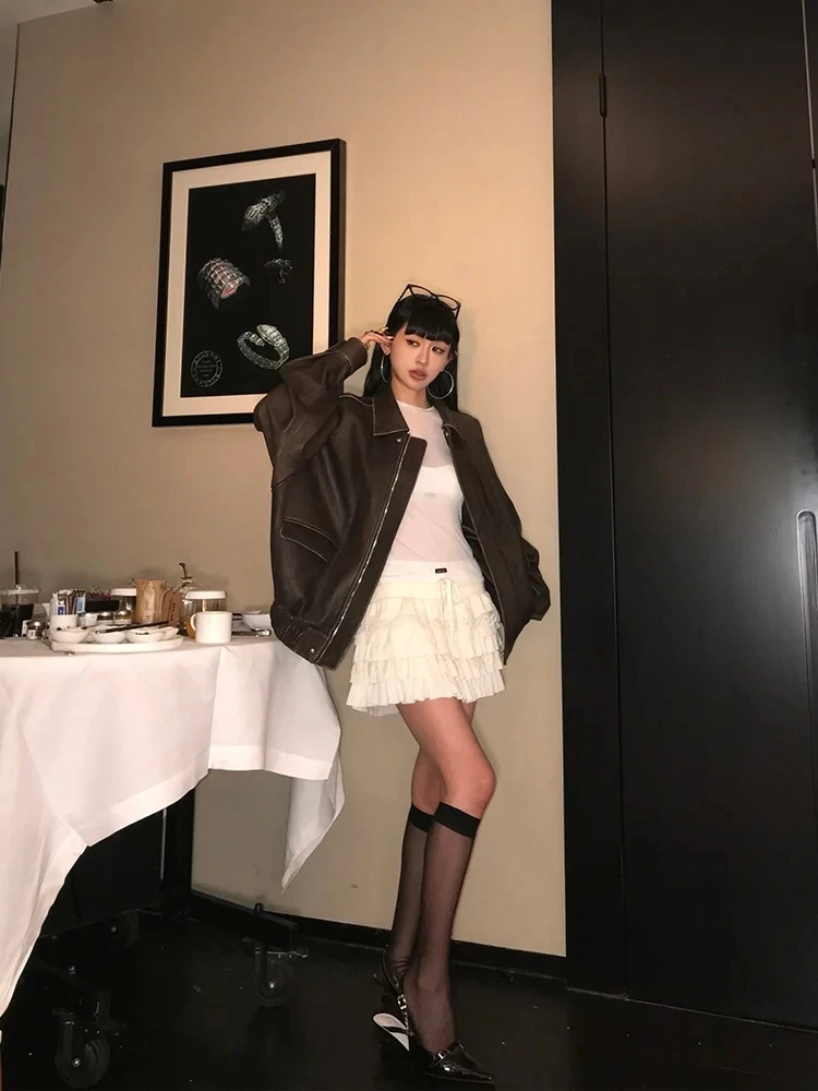 Spring Autumn Cool Handsome Retro Oversized Distressed Brown Soft Faux Leather Jackets for Women Zipper Runway Fashion
