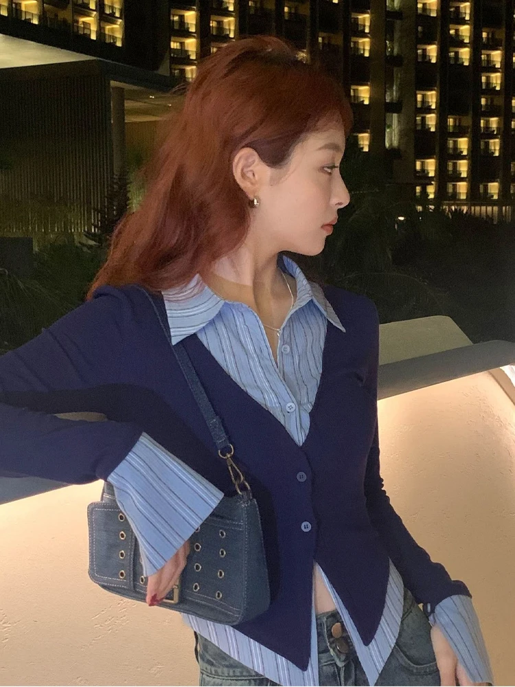 Striped Patchwork Blouse Women Vintage Fashion Fake Two Piece Shirts Female Preppy Style Slim Blouses Korean Sweet Cropped Tops