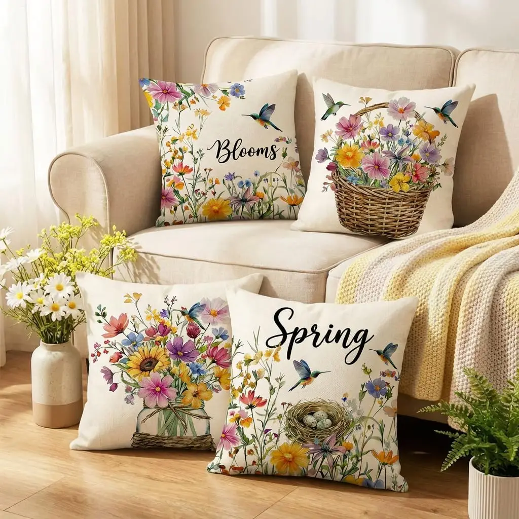 Throw Pillow Covers, Flower Basket Print Cushion Covers, Letter Decorative Pillowcase  Sofa Couch Living Room Home Decor